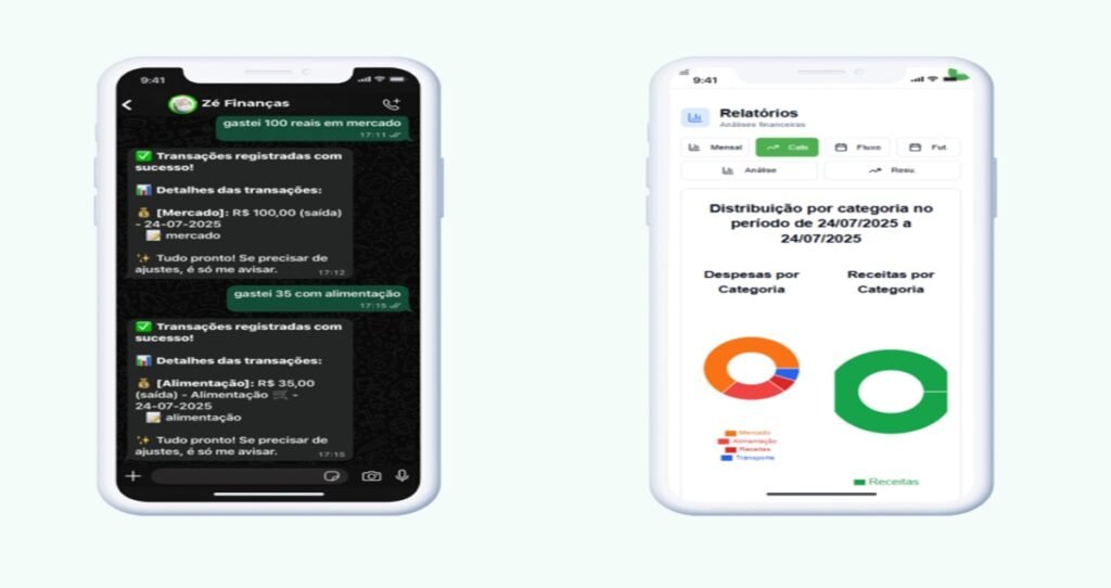 Tela dupla do Zé Finanças mostrando registro de gastos via chat e gráficos de despesas e receitas por categoria