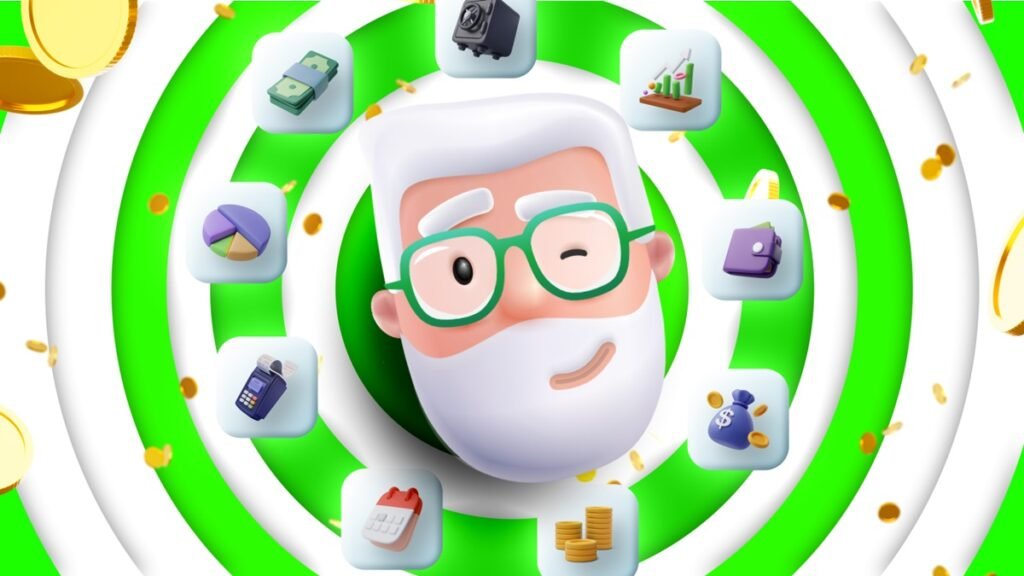Ilustração 3D de personagem Zé Finanças e cercado por ícones financeiros como gráficos, moedas e carteira digital