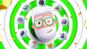 Ilustração 3D de personagem Zé Finanças e cercado por ícones financeiros como gráficos, moedas e carteira digital