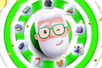 Ilustração 3D de personagem Zé Finanças e cercado por ícones financeiros como gráficos, moedas e carteira digital